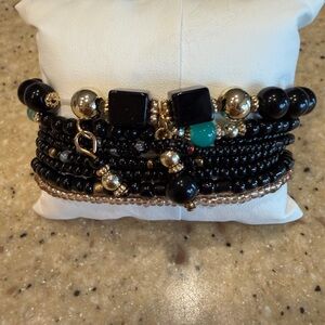 Multi-Strand Black and Gold Beaded Stack Bracelet with Teal Accent